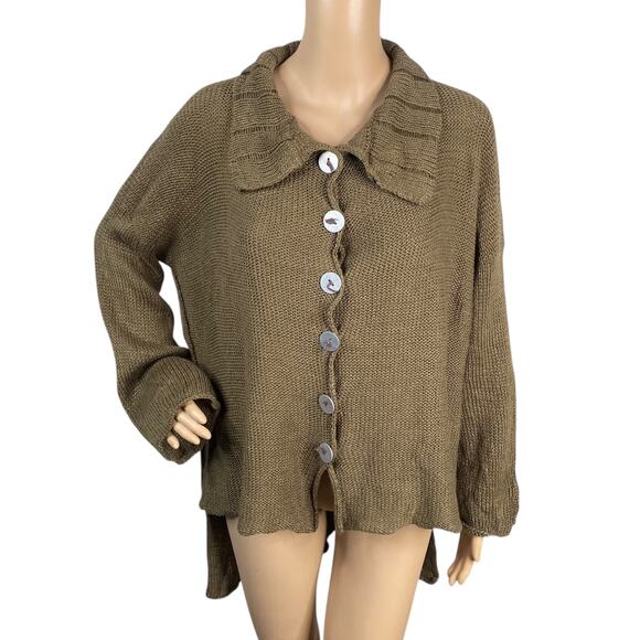 Skifo Olive Green Cotton Linen Collared Cottage Fairy Artsy Lagenlook Cardigan - Picture 2 of 9